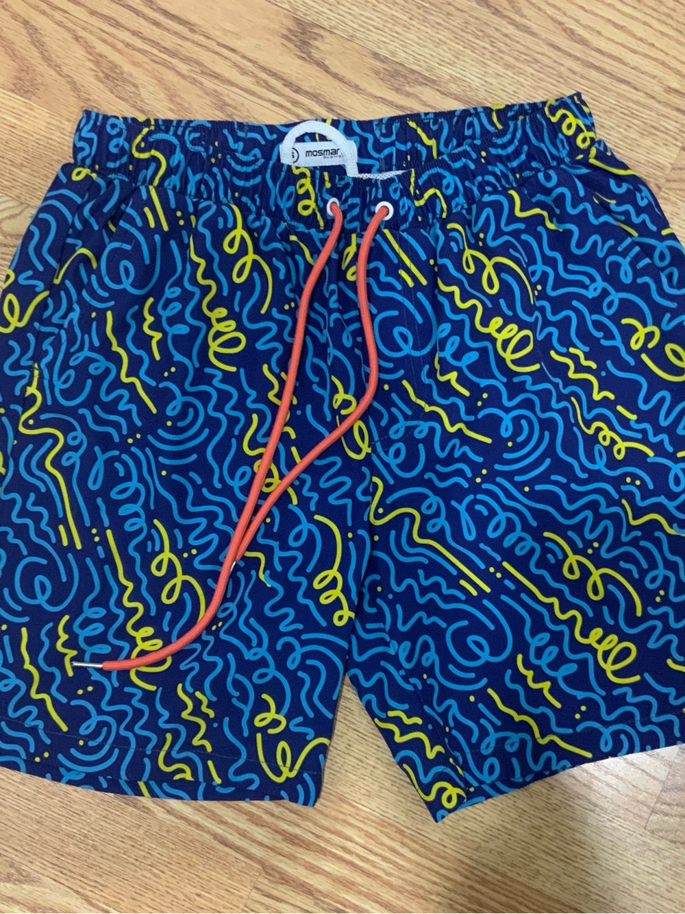 Men's Blue Patterned Swim Trunks with Yellow Accents - mosmar